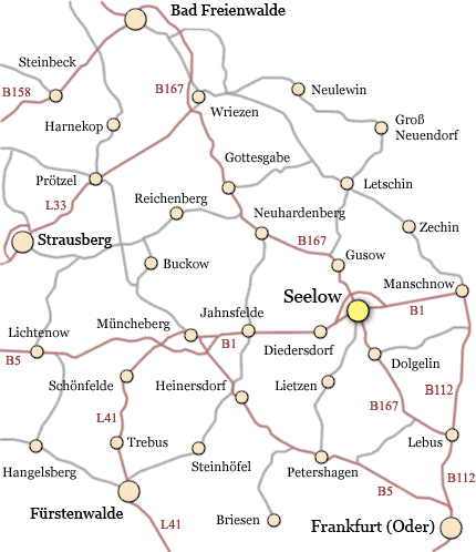 Straenkarte vom Gebiet um Seelow einschlielich Frankfurt(Oder), Strausberg, Frstenwalde und Bad Freienwalde